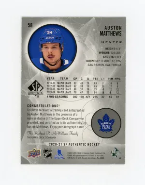 2020-21 Auston Matthews SP Authentic Black Gold Auto SP back