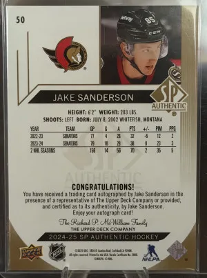 2024-25 SP Authentic Jake Sanderson Limited Auto back