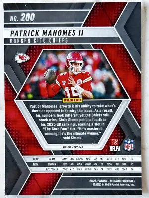 Patrick Mahomes 2025 Mosaic Purple Scope Mosaic Prizm SSP back