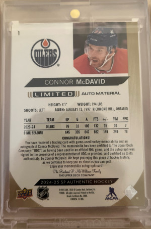 Connor McDavid Limited Auto Materials /10 back