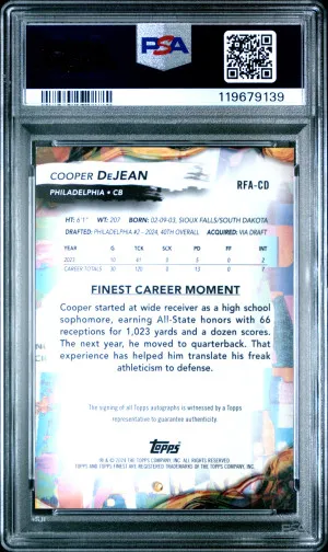 2024 Topps Finest Rookie Finest Autographs Cooper Dejean Rookie Finest Auto-Red Ref back