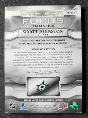 Wyatt Johnston /125 Premier Focus Rookies Auto back