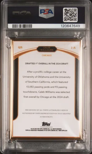 2024 Topps Now Rookie Campaign Autographs Caleb Williams Rookie Campaign Au-Gold back