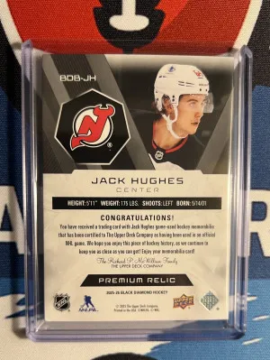 2025-26 Black Diamond Premium Relic Jack Hughes /25 back