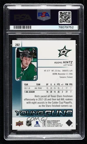 2018-19 Upper Deck Roope Hintz #202 Young Guns Rookie PSA 10 GEM MINT back