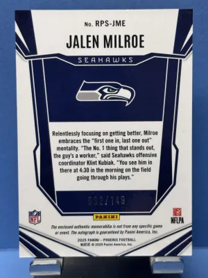 2025 Panini Phoenix #RPS-JME Jalen Milroe Silver Rookie Patch Autograph #/149 back