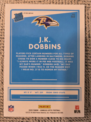JK Dobbins Donruss Optic Rated Rookie Pink Prizm back