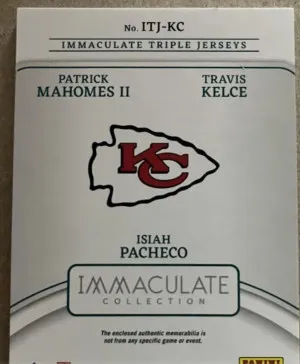 2024 Immaculate Patrick Mahomes/Travis Kelce/Isiah Pacheco Triple Jersey 31 /49 back