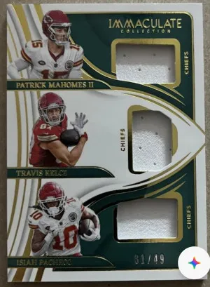 2024 Immaculate Patrick Mahomes/Travis Kelce/Isiah Pacheco Triple Jersey 31 /49 front