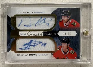 2017-18 The Cup Dual Scripted Swatches Jonathan Toews Duncan Keith /15 front