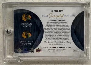 2017-18 The Cup Dual Scripted Swatches Jonathan Toews Duncan Keith /15 back