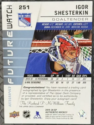 2019-20 SP Authentic Igor Shesterkin Future Watch Auto /999 back