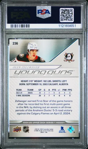 2024 UD Series One Olen Zellweger Young Guns /250 PSA 9 back