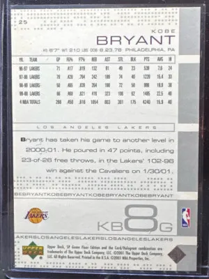 Upper Deck 2000-01 SP Game Floor Edition Kobe Bryant 25 HOF LOS ANGELES LAKERS back