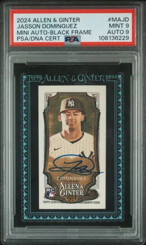 2024 Topps Allen & Ginter Mini Auto Black Frame 12/25 Jasson Dominguez PSA 9 Auto 9 front
