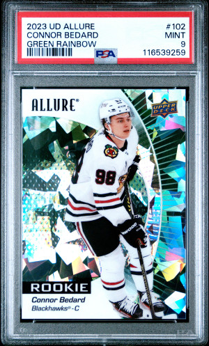 2023 Upper Deck Allure Connor Bedard Green Rainbow /99 PSA 9 front