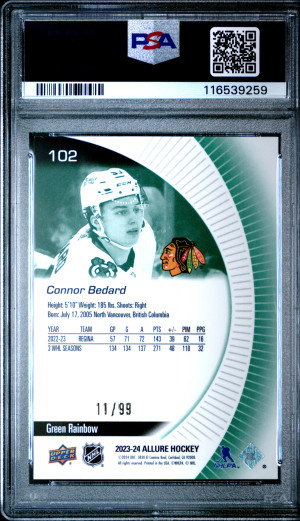 2023 Upper Deck Allure Connor Bedard Green Rainbow /99 PSA 9 back