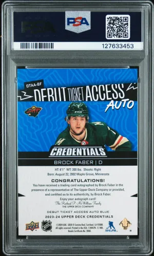 2023 Upper Deck Credentials Debut Ticket Access Autographs Brock Faber Dbt Tkt Access Au-Blue /35 PSA 10 Auto 10 back