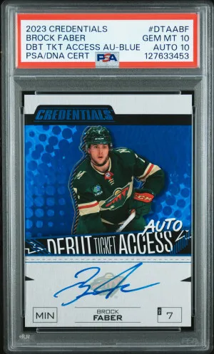 2023 Upper Deck Credentials Debut Ticket Access Autographs Brock Faber Dbt Tkt Access Au-Blue /35 PSA 10 Auto 10 front