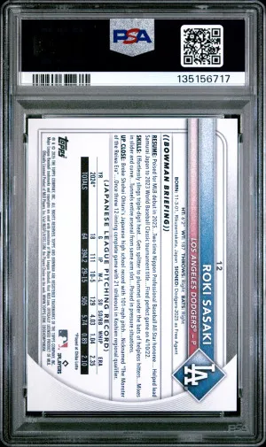 2025 Bowman Roki Sasaki PSA 10 Rookie back