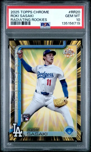 2025 Topps Chrome Radiating Rookies Roki Sasaki PSA 10 Rookie front
