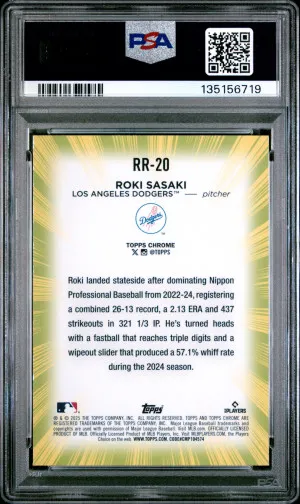 2025 Topps Chrome Radiating Rookies Roki Sasaki PSA 10 Rookie back