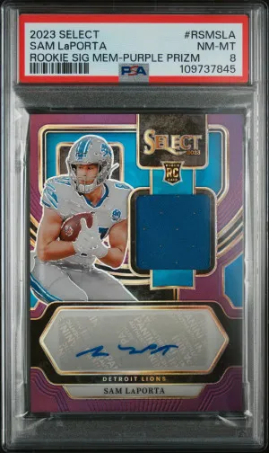 2023 Panini Select Rookie Signature Memorabilia Sam Laporta Rookie Sig Mem-Purple Prizm front