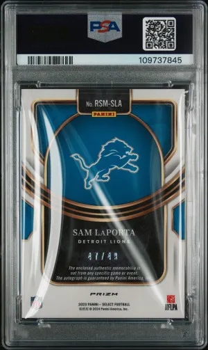 2023 Panini Select Rookie Signature Memorabilia Sam Laporta Rookie Sig Mem-Purple Prizm back