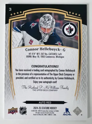 2025 Upper Deck Stature Connor Hellebuyck Auto Red 13/99 back