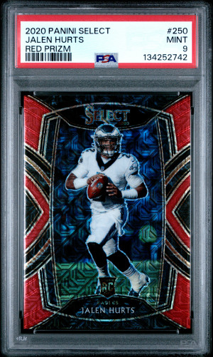 2020 Panini Select 🔴🔥Red Prizm Mojo Jalen Hurts RC #14/49 SP Club Level PSA 9 front