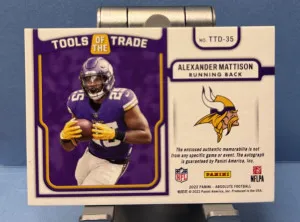 2022 Panini Absolute #TTD-35 Alexander Mattison Tools of the Trade Autograph #/99 back