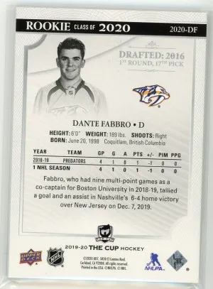 2019-20 The Cup Dante Fabbro Rookie Class of 2020 Autograph 1/75 #2020-DF back