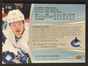 2015-16 Upper Deck Ultimate Collection Ultimate Rookies Autographed Patch 03/10 #112 Jared McCann back