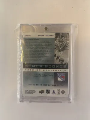 Henrik Lundqvist 2017 Upper Deck Premier 2002 Tribute Super Patch Auto /49. 3 color patch. back