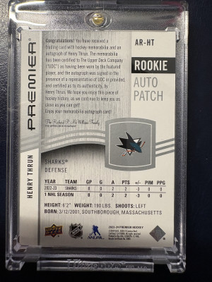 2023-24 Premier, Rookie Patch Auto, Henry Thrun /249 back