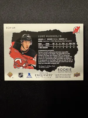 2023-24 UD Exquisite Collection Luke Hughes Rookie Patch Auto /25 back