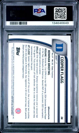 2024 Bowman Chrome University Cooper Flagg PSA 9 back