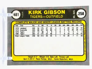1981 Fleer - #481 Kirk Gibson (RC) - Rookie - Detroit Tigers - SHARP CORNERS back