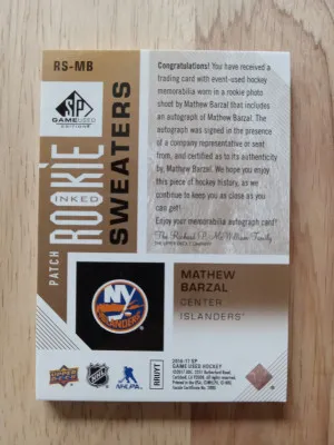 2016 17 Mathew Barzal SP Game Used Inked Rookie Seaters Patch Rookie /99 Auto back