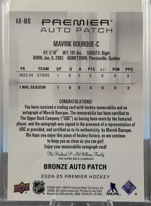Mavrik Bourque Premier Bronze Auto Patch /249 RPA back