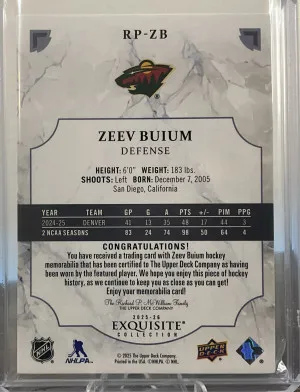 Zeev Buium Exquisite Rookies Patch /99 back
