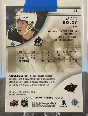 Matt Boldy SP Authentic Limited Auto back