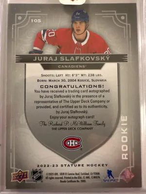 22-23 Upper Deck Stature Juraj Slafkovsky Rookie Auto /199 back