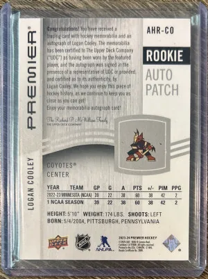 2023-24 Upper Deck Premier Logan Cooley Rookie 13/49 Patch back