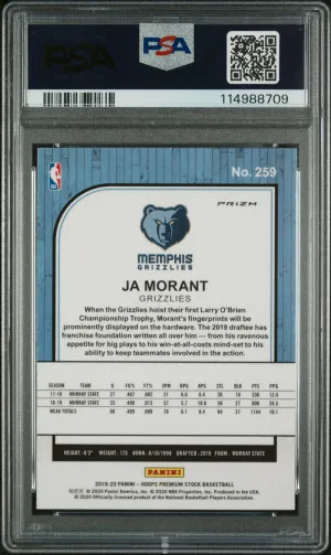 2019 Panini Hoops Premium Stock Ja Morant Psa 10 Blue Prizm back