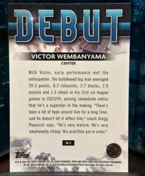 Victor Wembanyama Debut RC Topps Finest 2024 D-1 back