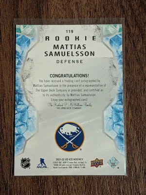 2021 Upper Deck Ice #119 Mattias Samuelsson Auto Rookie on card auto back
