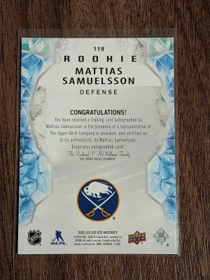 2021 Upper Deck Ice #119 Mattias Samuelsson Auto Rookie on card auto back