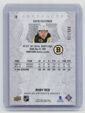 2025 Upper Deck Artifacts David Pastrnak #78 Ruby Red 021/599 back
