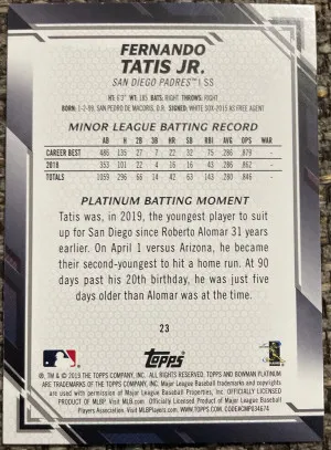Fernando Tatis Jr Rookie Card back